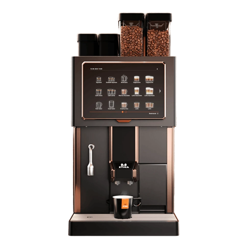 ETNA Sagitta professionele horeca koffiemachine met 10 inch touchscreen en dubbele bonenreservoir voor kantoren en horeca.