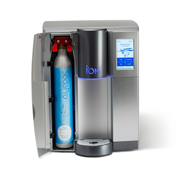 ION 400 Touch waterkoeler met geopende deur en zichtbare CO₂ cilinder