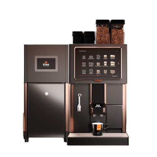 ETNA Sagitta MilkBase Connected professionele horeca koffiemachine met geïntegreerd melksysteem en dubbele bonenreservoir.